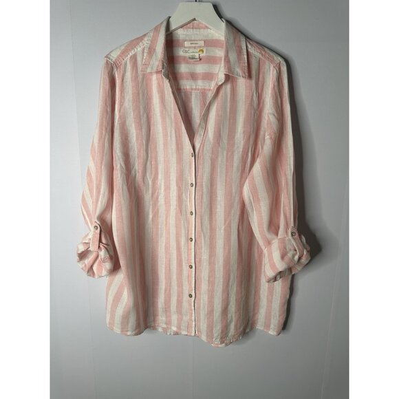 CC California Womens XL Linen Button Up Top Roll Tab Sleeves Pink Stripe Beachy - Picture 7 of 13